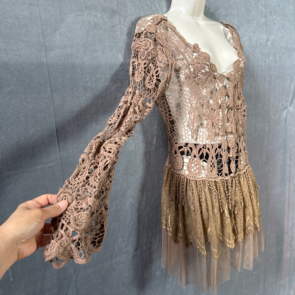 Ryu Crochet Lace Tiered Dress Cardigan Brown S/M NWT Y2K Fairycore Boho Festiva - Picture 7 of 16